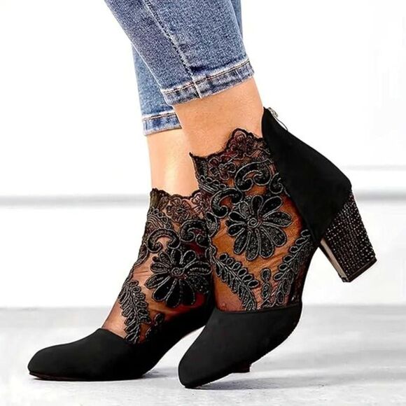 NEW Black Faux Suede Renaissance Fair Witchy Wench Sheer Lace Boots 9 - 9.5 - Picture 2 of 8